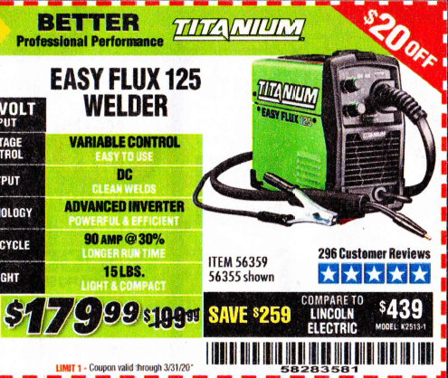 titanium easy flux 125 amp welder wire size
